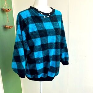 Vintage 80s Blue and Black Checkered Fleece Sweatshirt